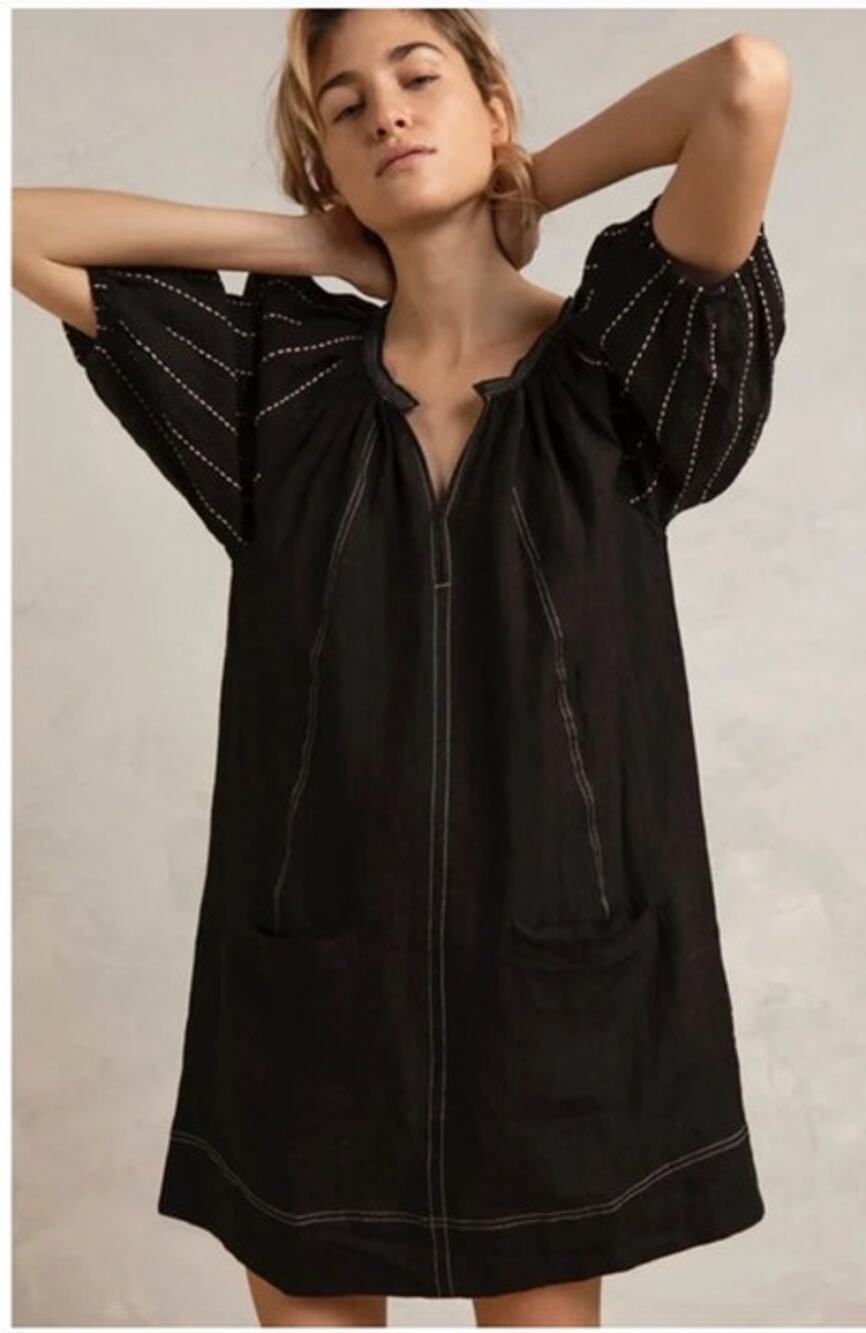 NYMANE Sz L Large Black White Stitching Linen Cotton Peasant Dress